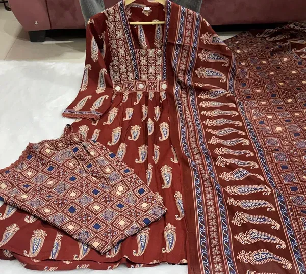 Women_Cotton_Anarkali_Beautiful_Handwork_And_Mirror_Work_With_Ajrakh_Printe