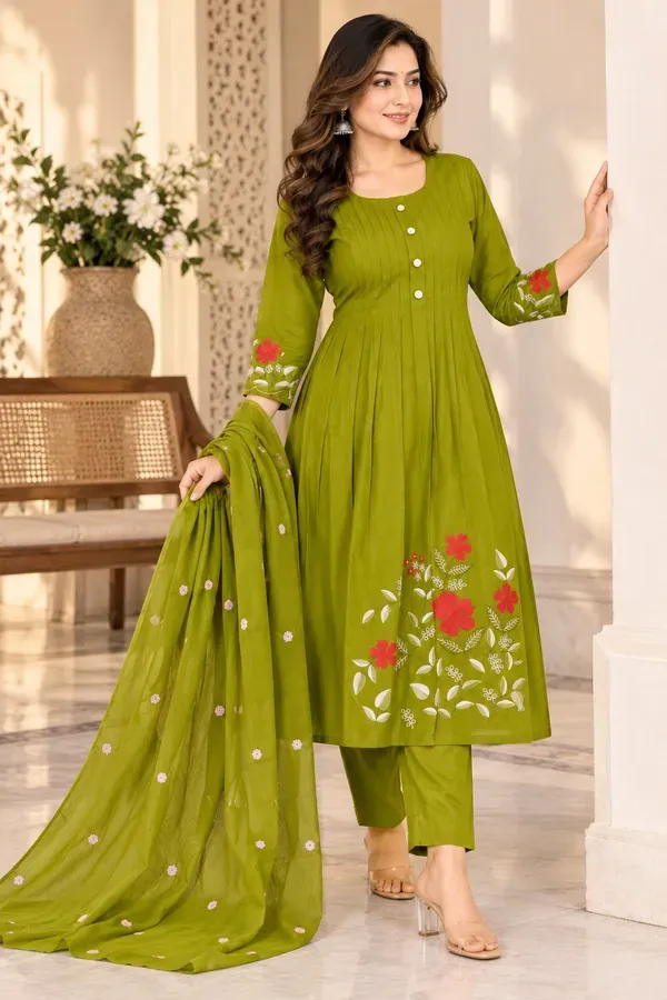 Women_Olive_Green_Floral_Embroidered_Cotton_Pintex_Kurta_With_Pant_Dupatt