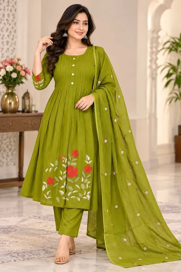 Women_Olive_Green_Floral_Embroidered_Cotton_Pintex_Kurta_With_Pant_Dupatt