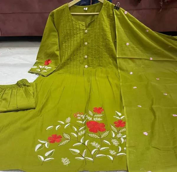 Women_Olive_Green_Floral_Embroidered_Cotton_Pintex_Kurta_With_Pant_Dupatt