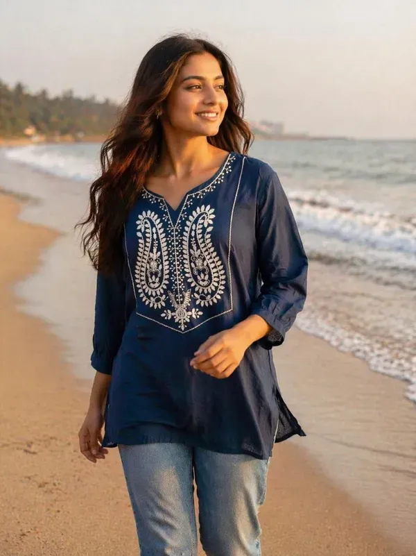 Women_Trendy_Flower_Emriodered_Cotton_Blue_Top_Wear_With_Jeans