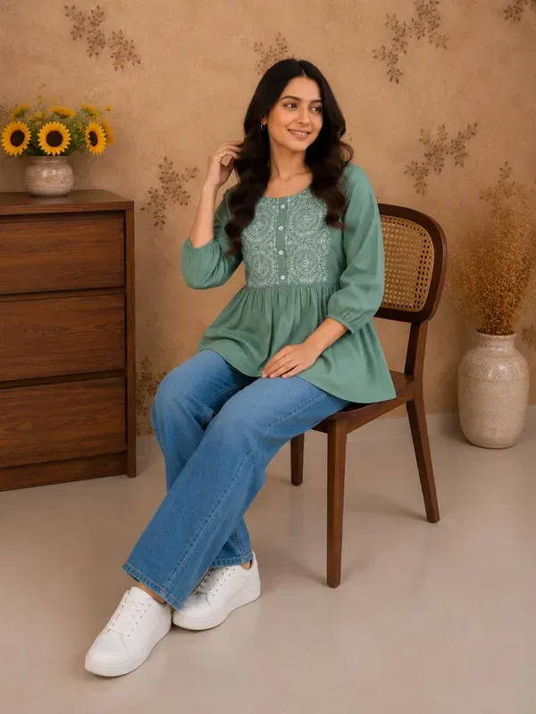 Women_Trendy_Flower_Emriodered_Cotton_Pista_Top_Wear_With_Jeans