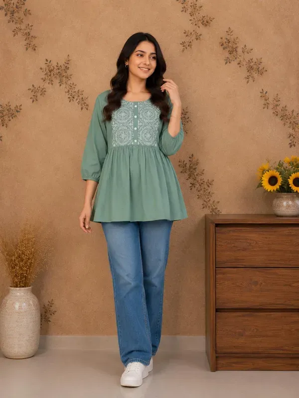 Women_Trendy_Flower_Emriodered_Cotton_Pista_Top_Wear_With_Jeans
