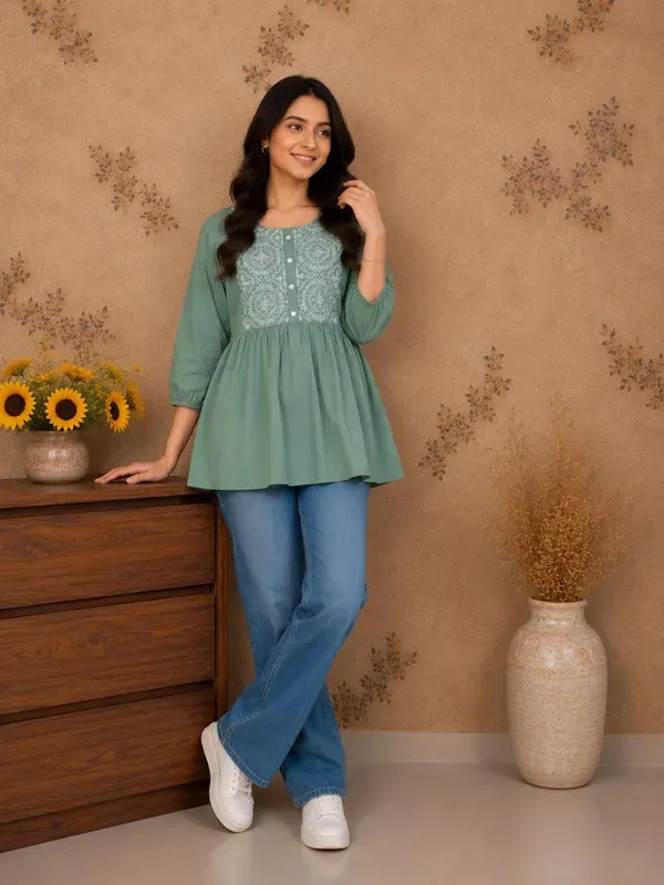 Women_Trendy_Flower_Emriodered_Cotton_Pista_Top_Wear_With_Jeans