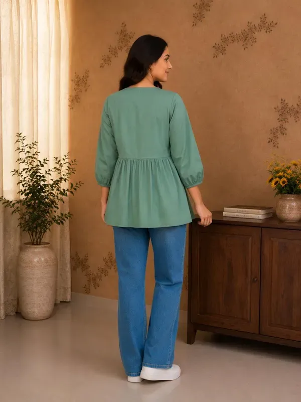 Women_Trendy_Flower_Emriodered_Cotton_Pista_Top_Wear_With_Jeans