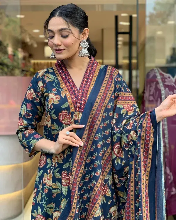 Women_Beautiful_Cotton_Flower_Printed_Neckline_Worked_Blue_Kurta_And_Pant_W_More