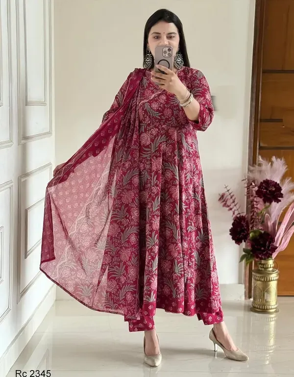 Women_Straight_Angrakha_Style_Floral_Printed_Cotton_Maroon_Kurta_With_Pant_More
