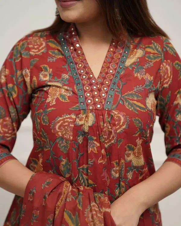 Red_Women_Beautiful_Cotton_Flower_Printed_Neckline_Worked_Kurta_And_Palazzo_More