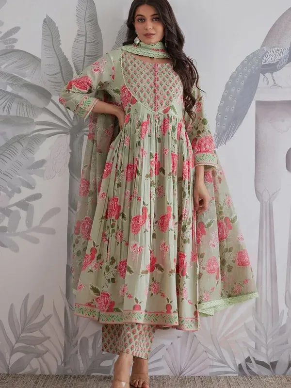 Women_Green_Cotton_Anarklali_Printed_Kurta_With_Pant_And_Dupatta