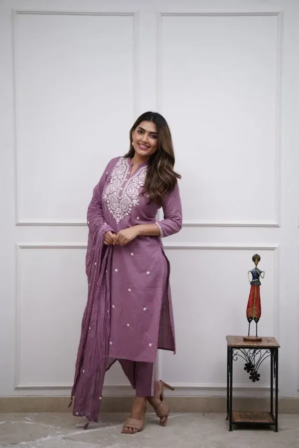 Women_Embroidered_Panel_Worked_Straight_Cotton_Onion_Color_Kurta_With_Pant