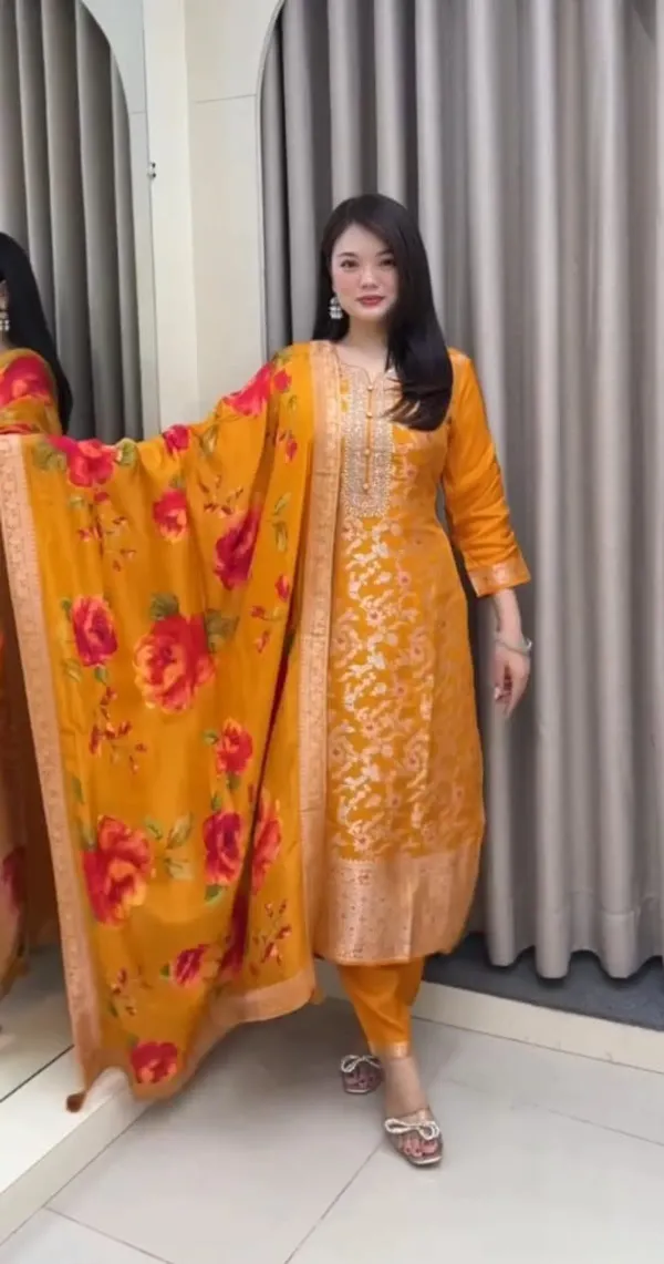 Women_Zari_Coated_Premium_Chanderi_Orange_Kurta_With_Pant_And_Premium_Banar_More