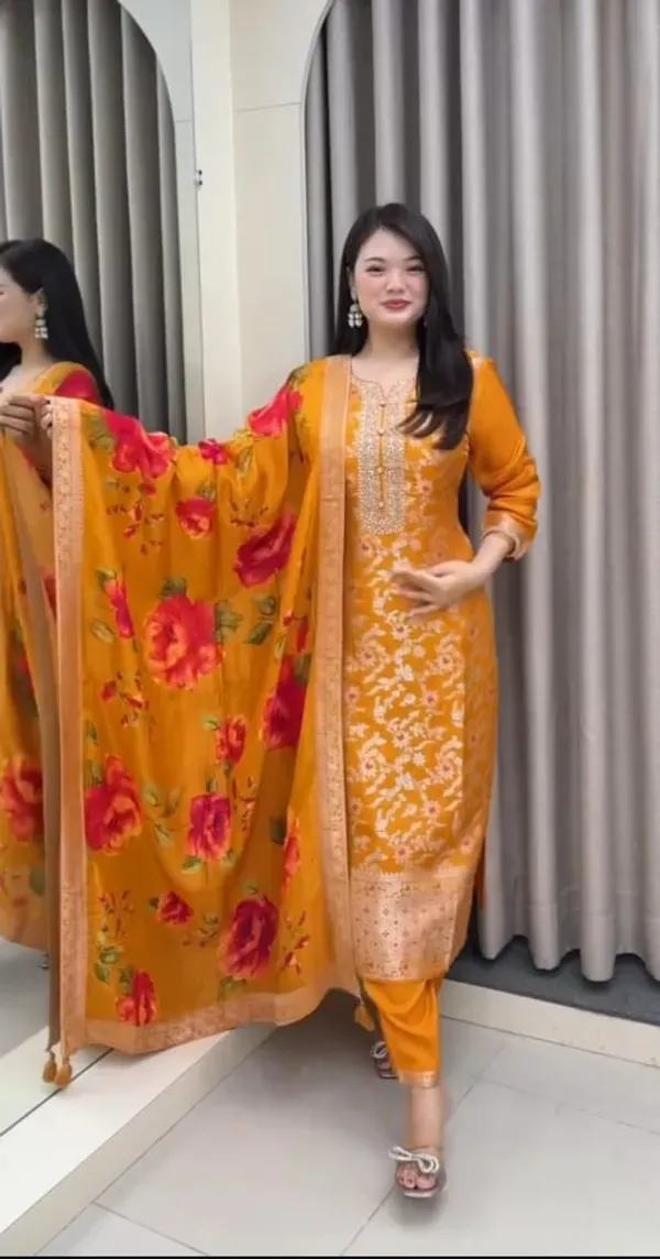 Women_Zari_Coated_Premium_Chanderi_Orange_Kurta_With_Pant_And_Premium_Banar_More