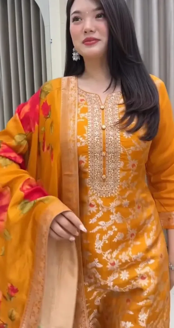 Women_Zari_Coated_Premium_Chanderi_Orange_Kurta_With_Pant_And_Premium_Banar_More