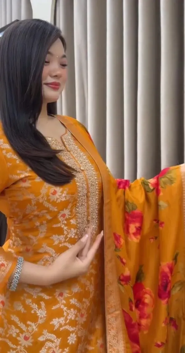 Women_Zari_Coated_Premium_Chanderi_Orange_Kurta_With_Pant_And_Premium_Banar_More