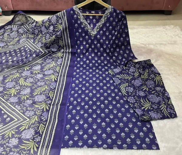 Women_Straight_V_Neck_Floral_Printed_Cotton_Blue_Kurta_With_Pant_And_Dupatt_More