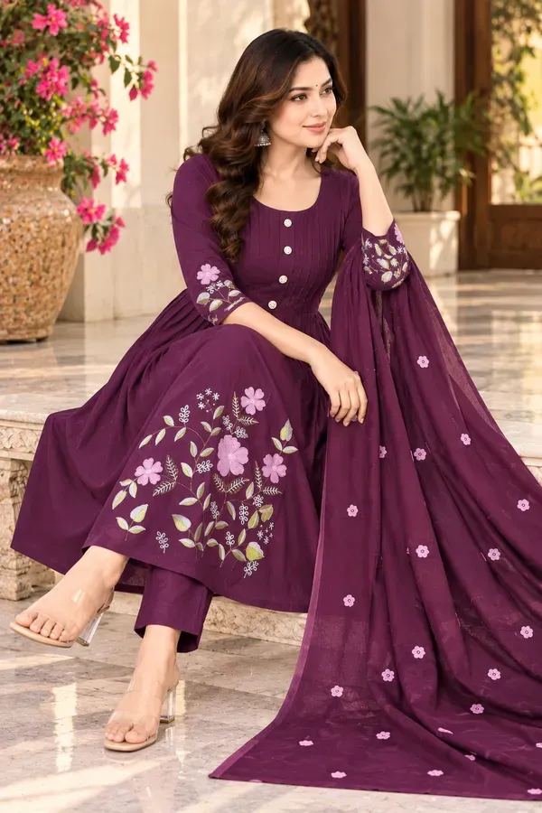 Women_Deep_Purple_Embroidered_Cotton_Pleated_Kurta_And_Pant_With_Dupatta
