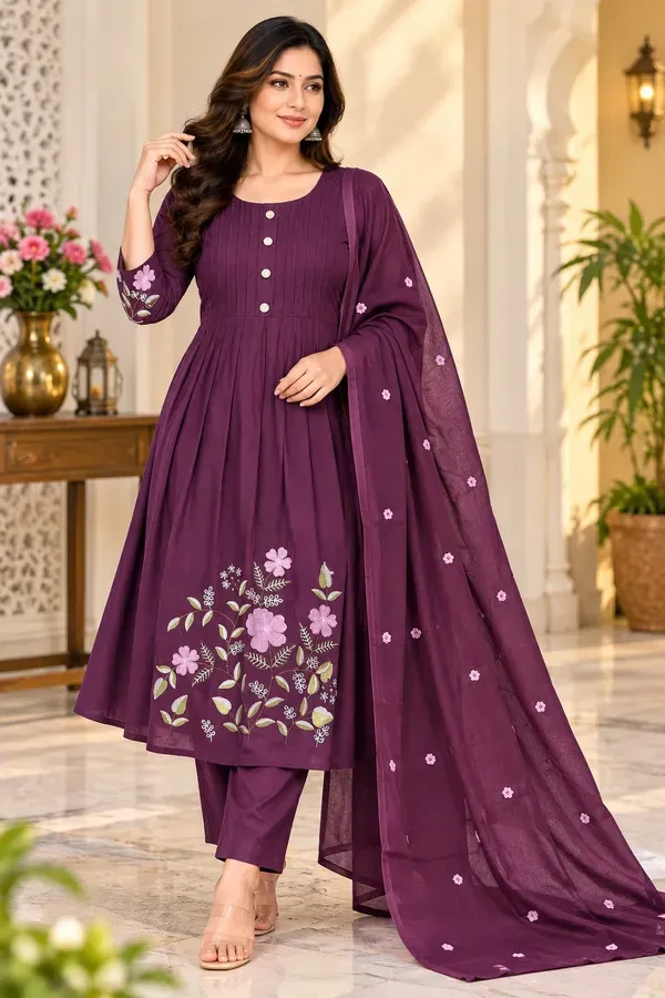 Women_Deep_Purple_Embroidered_Cotton_Pleated_Kurta_And_Pant_With_Dupatta