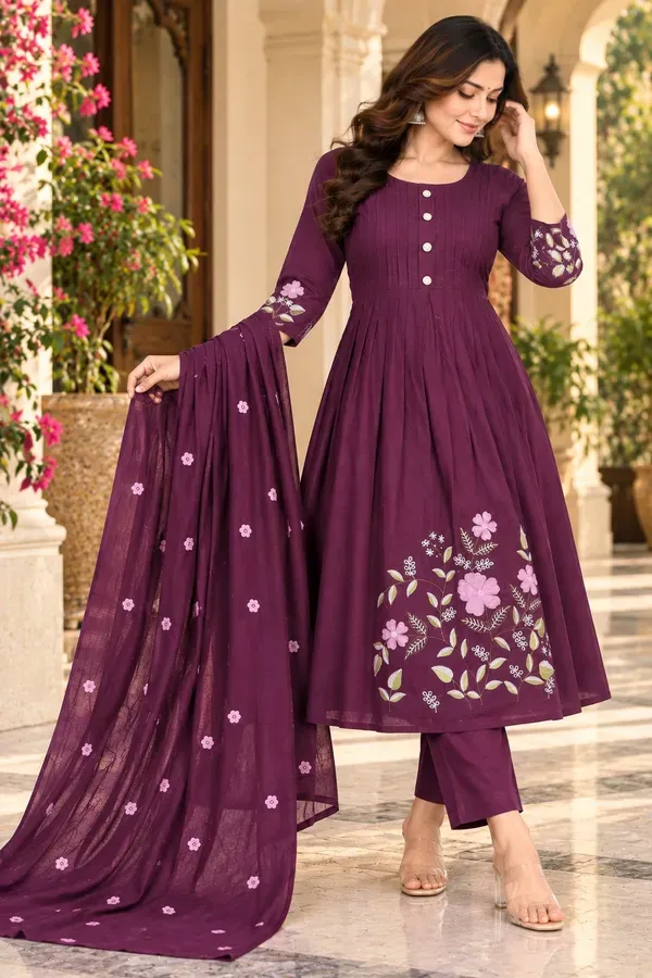Women_Deep_Purple_Embroidered_Cotton_Pleated_Kurta_And_Pant_With_Dupatta