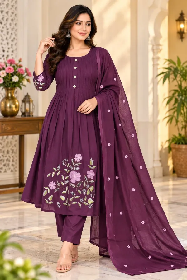 Women_Deep_Purple_Embroidered_Cotton_Pleated_Kurta_And_Pant_With_Dupatta