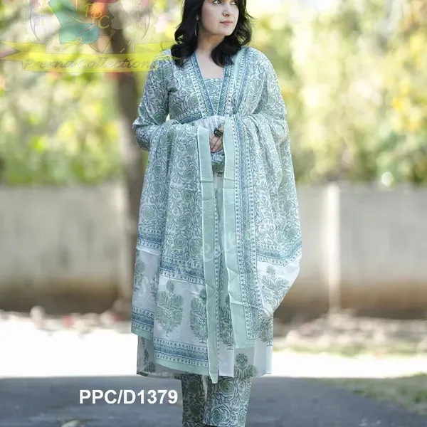 White_Blue_Cotton_Kurti_With_Pant_And_Dupatta_For_Women