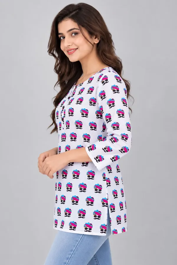 White_Cotton_Novelty_Print_Kurti_For_Women