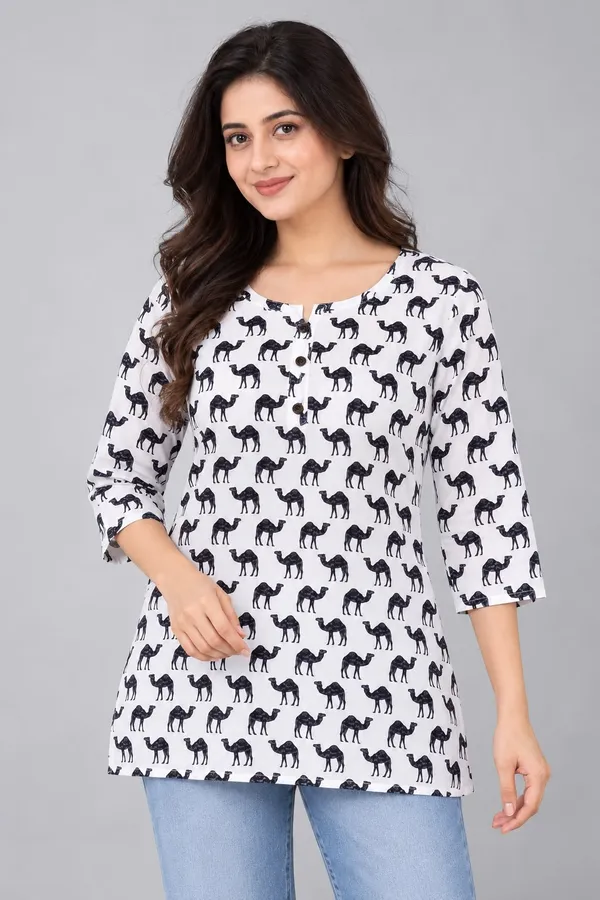 White_Cotton_Camel_Print_Kurti_For_Women