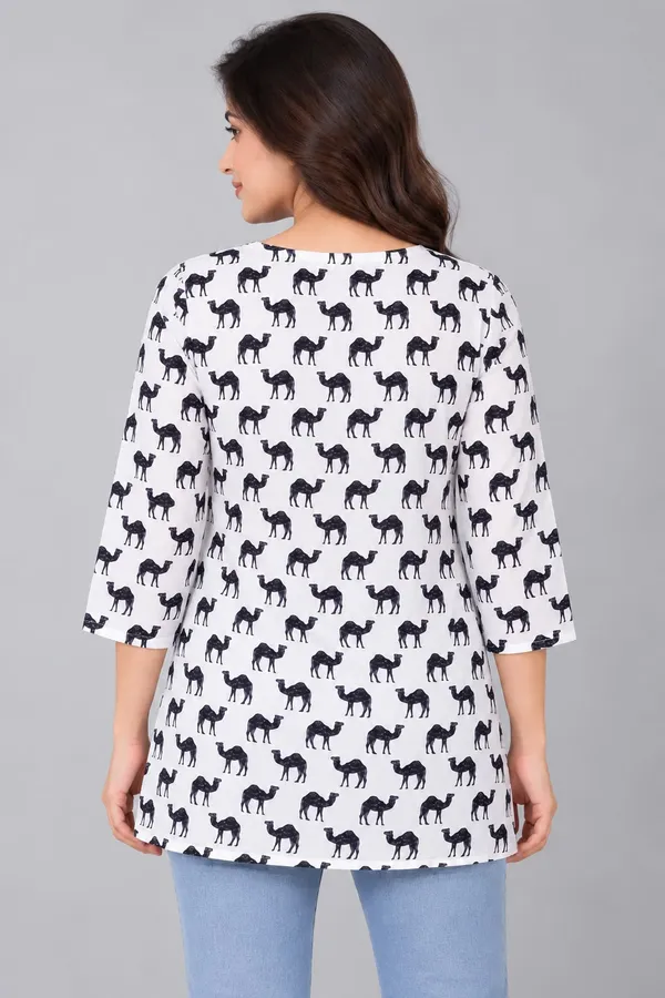 White_Cotton_Camel_Print_Kurti_For_Women