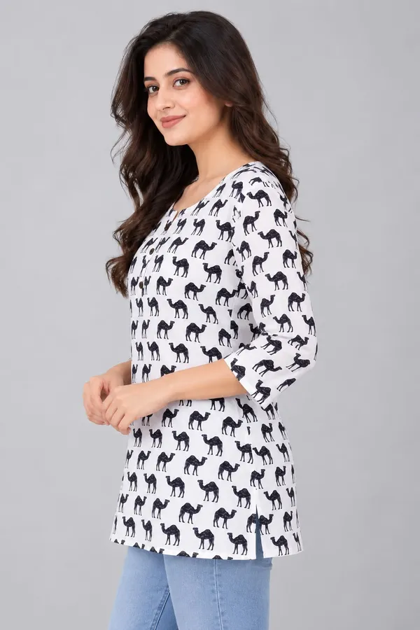 White_Cotton_Camel_Print_Kurti_For_Women