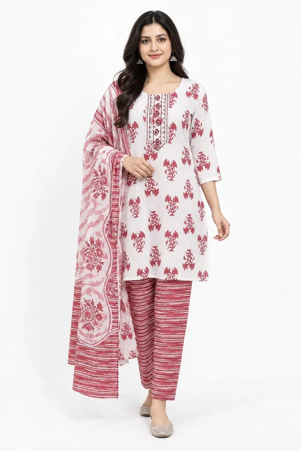 Pink_White_Cotton_Floral_Print_Suit_Set_Striped_Pants_For_Women