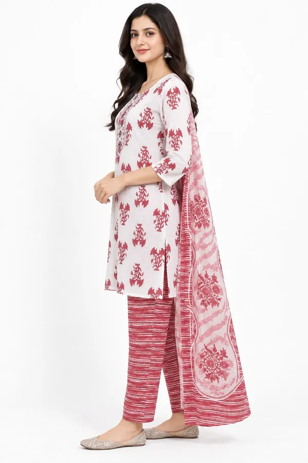 Pink_White_Cotton_Floral_Print_Suit_Set_Striped_Pants_For_Women