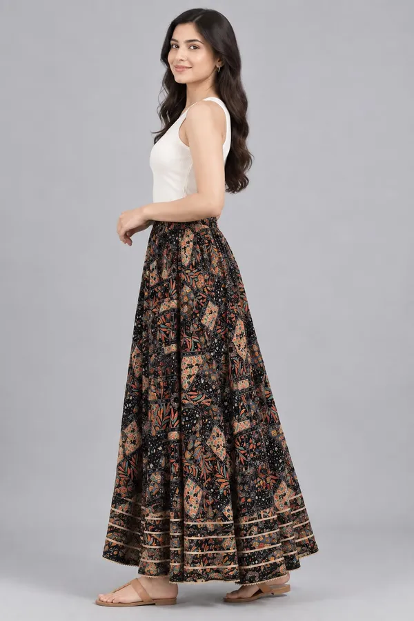 Black_Cotton_Boho_Medallion_Print_Flared_Skirt_For_Women