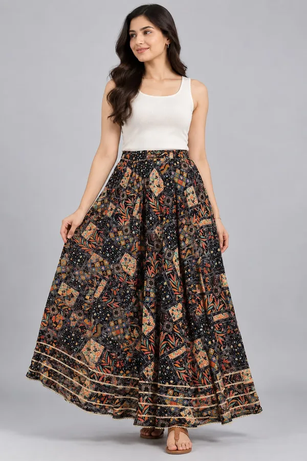 Black_Cotton_Boho_Medallion_Print_Flared_Skirt_For_Women