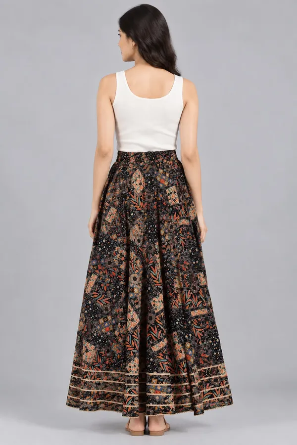 Black_Cotton_Boho_Medallion_Print_Flared_Skirt_For_Women