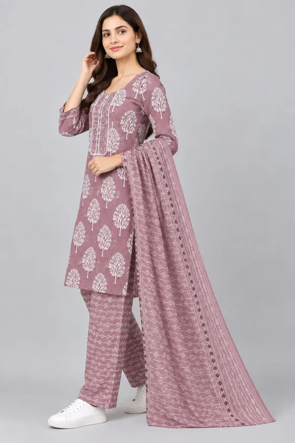 Dark_Pink_Cotton_Straight_Tree_Motif_Embroidered_Suit_Set_For_Women
