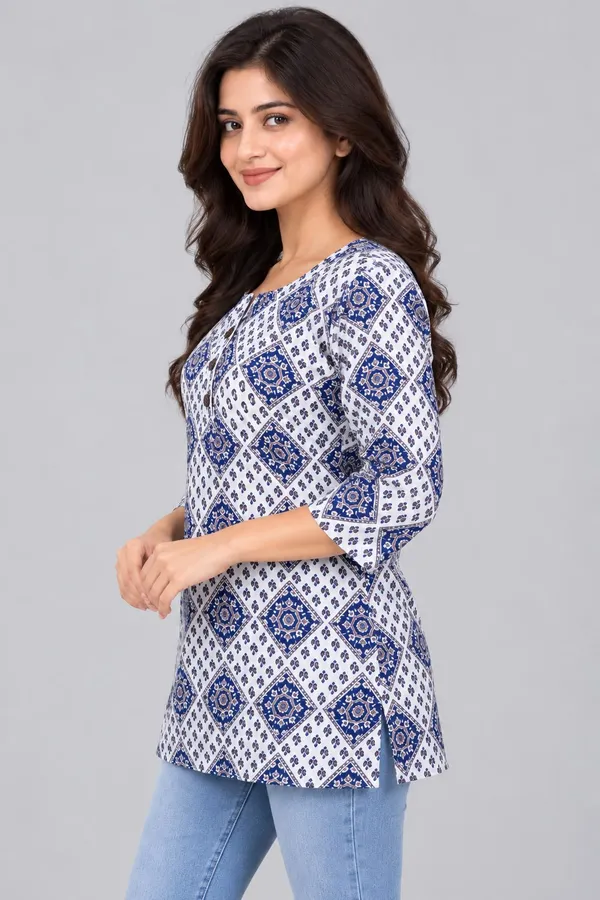 Blue_Cotton_Tile_Print_Kurti_For_Women
