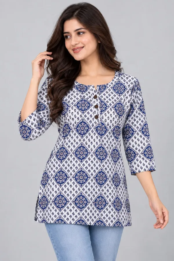 Blue_Cotton_Tile_Print_Kurti_For_Women