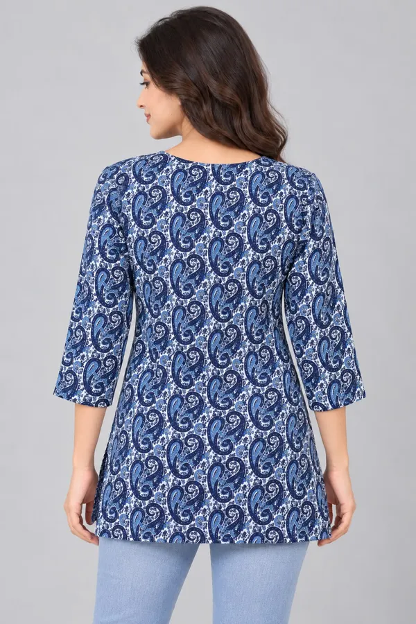 Blue_Cotton_Paisley_Print_Kurti_For_Women