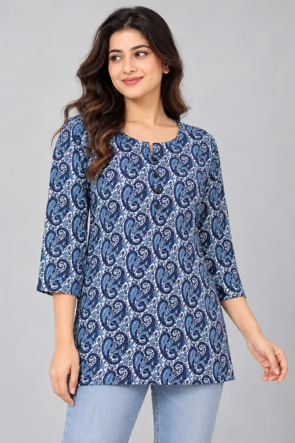Blue_Cotton_Paisley_Print_Kurti_For_Women