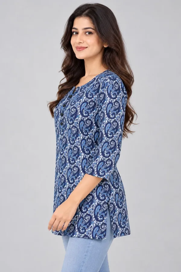 Blue_Cotton_Paisley_Print_Kurti_For_Women