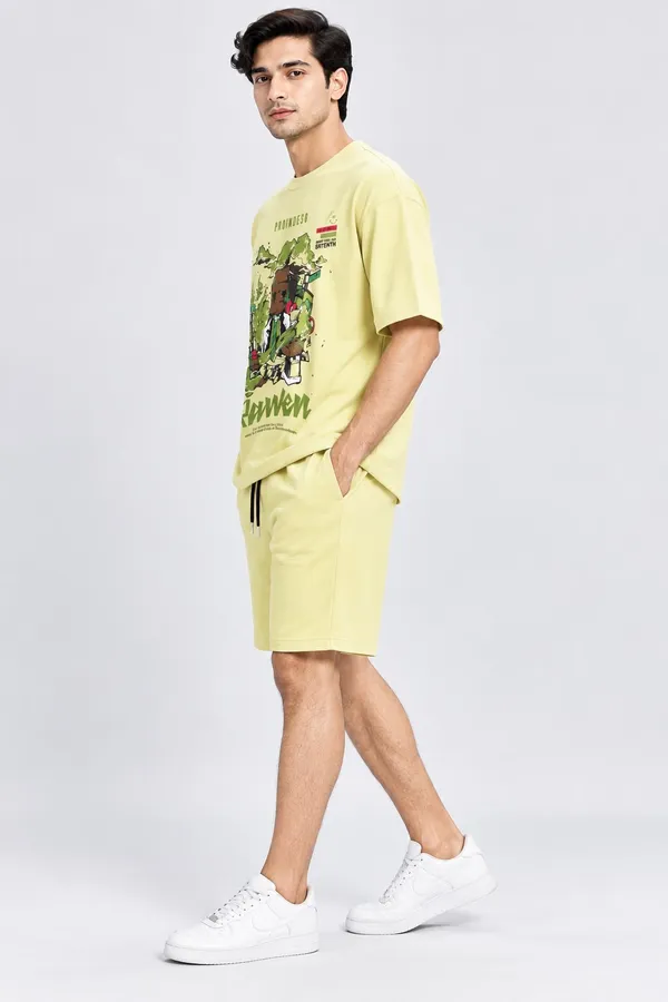 Light_Yellow_Cotton_Graphic_T-Shirt_Shorts_Co-Ord_Set_For_Men