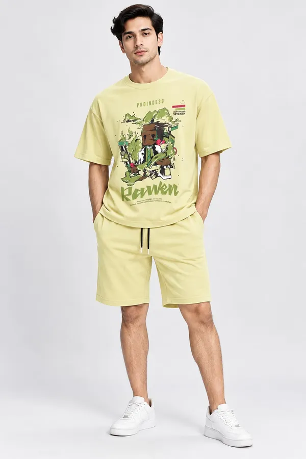 Light_Yellow_Cotton_Graphic_T-Shirt_Shorts_Co-Ord_Set_For_Men