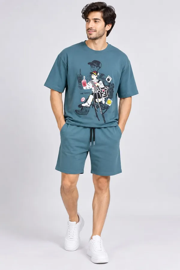 Aqua_Blue_Cotton_Anime_Graphic_T-Shirt_Shorts_Co-Ord_Set_For_Men