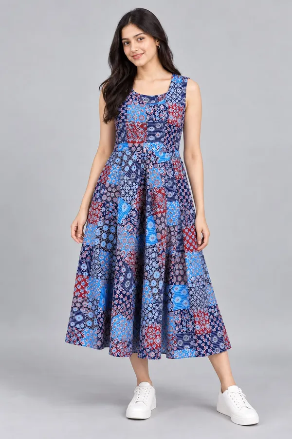 Royal_Blue_Cotton_Patchwork_Print_Sleeveless_Dress_For_Women