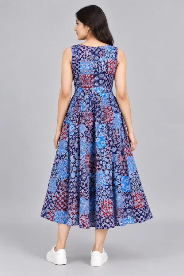 Royal_Blue_Cotton_Patchwork_Print_Sleeveless_Dress_For_Women