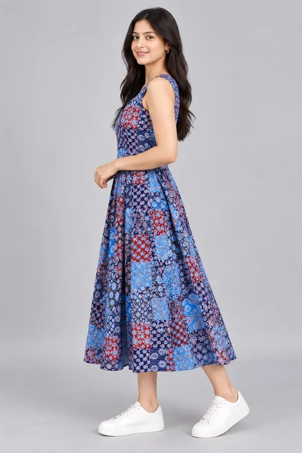 Royal_Blue_Cotton_Patchwork_Print_Sleeveless_Dress_For_Women