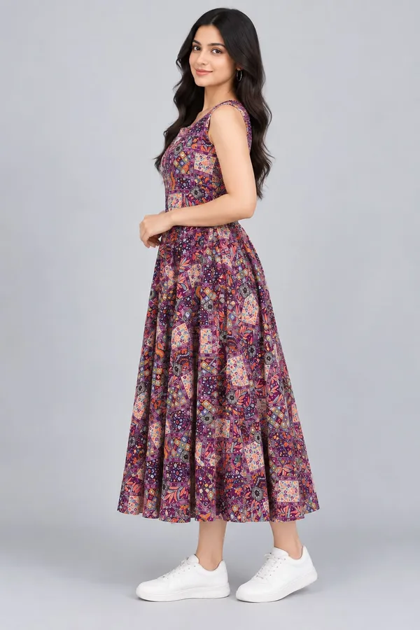 Dark_Plum_Cotton_Patchwork_Print_Sleeveless_Dress_For_Women