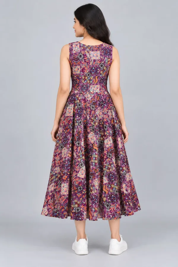 Dark_Plum_Cotton_Patchwork_Print_Sleeveless_Dress_For_Women