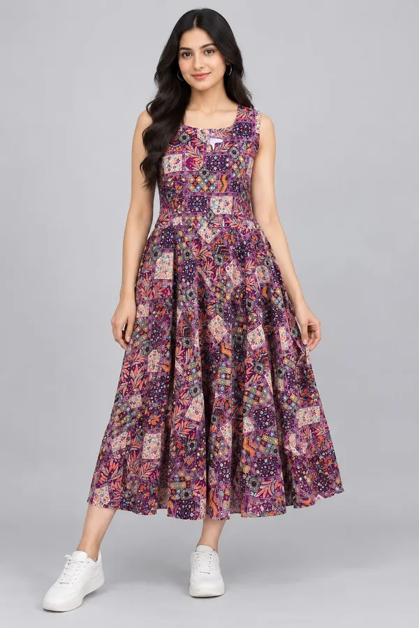Dark_Plum_Cotton_Patchwork_Print_Sleeveless_Dress_For_Women