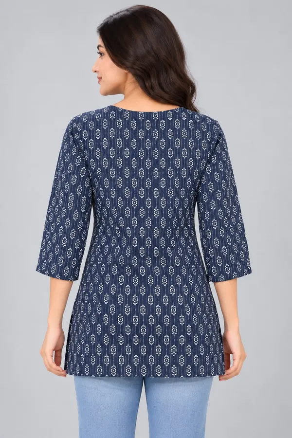Dark_Blue_Cotton_Booti_Print_Kurti_For_Women