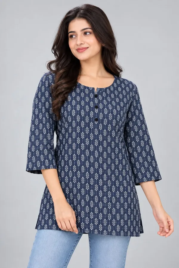 Dark_Blue_Cotton_Booti_Print_Kurti_For_Women
